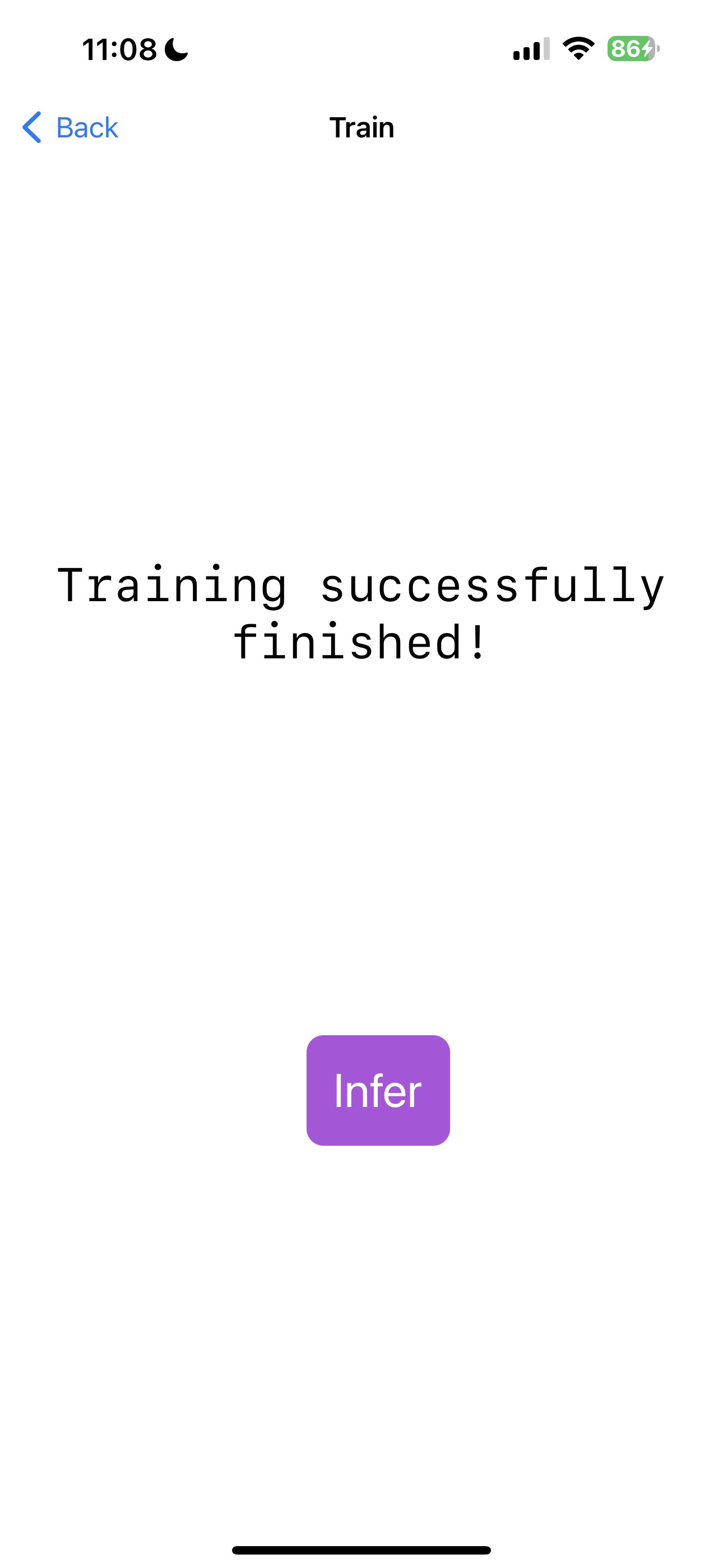 The app informs you training finished successfully!